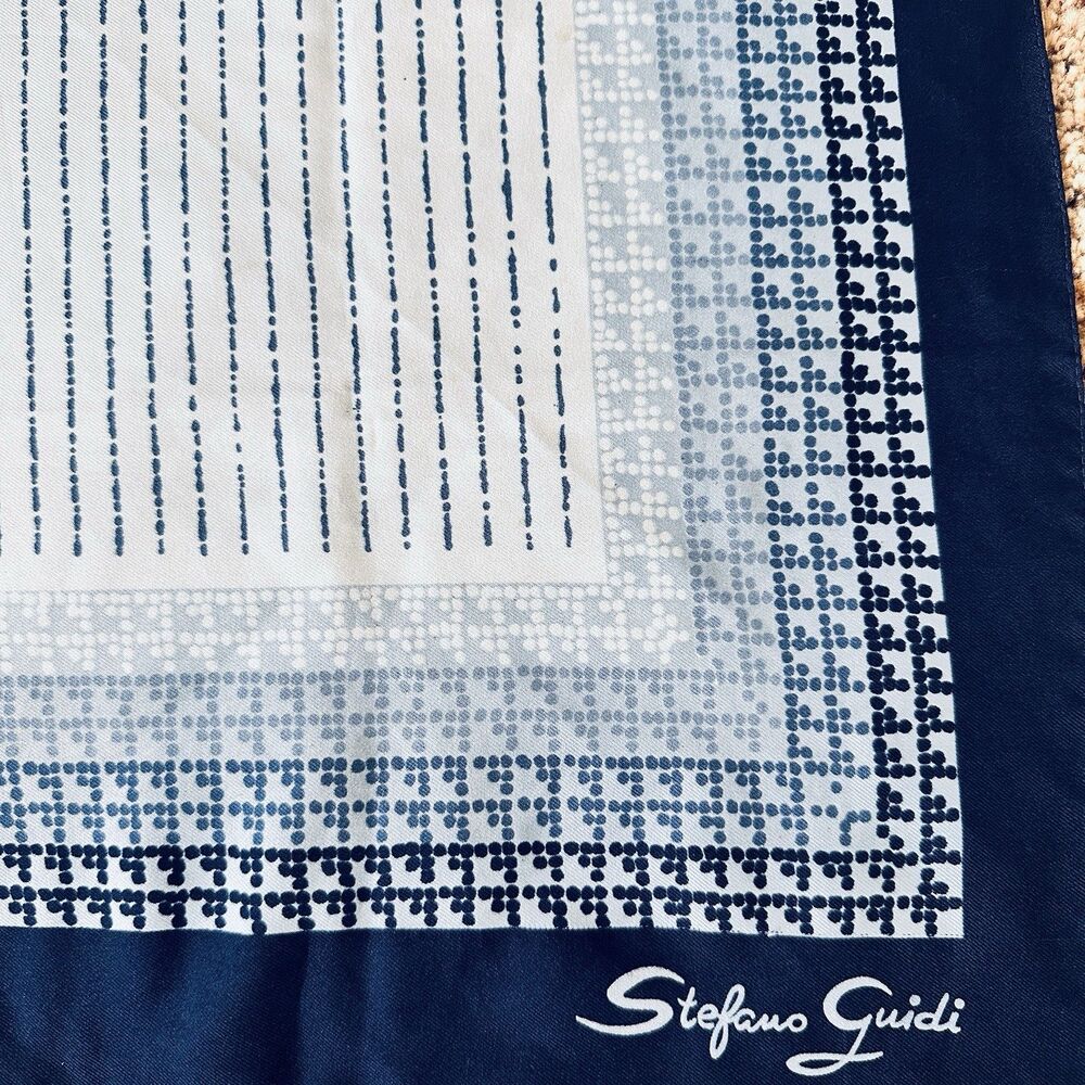Stefano Guidi Blue Houndstooth Polka Dot Satin Scarf Italy Designer Abstract